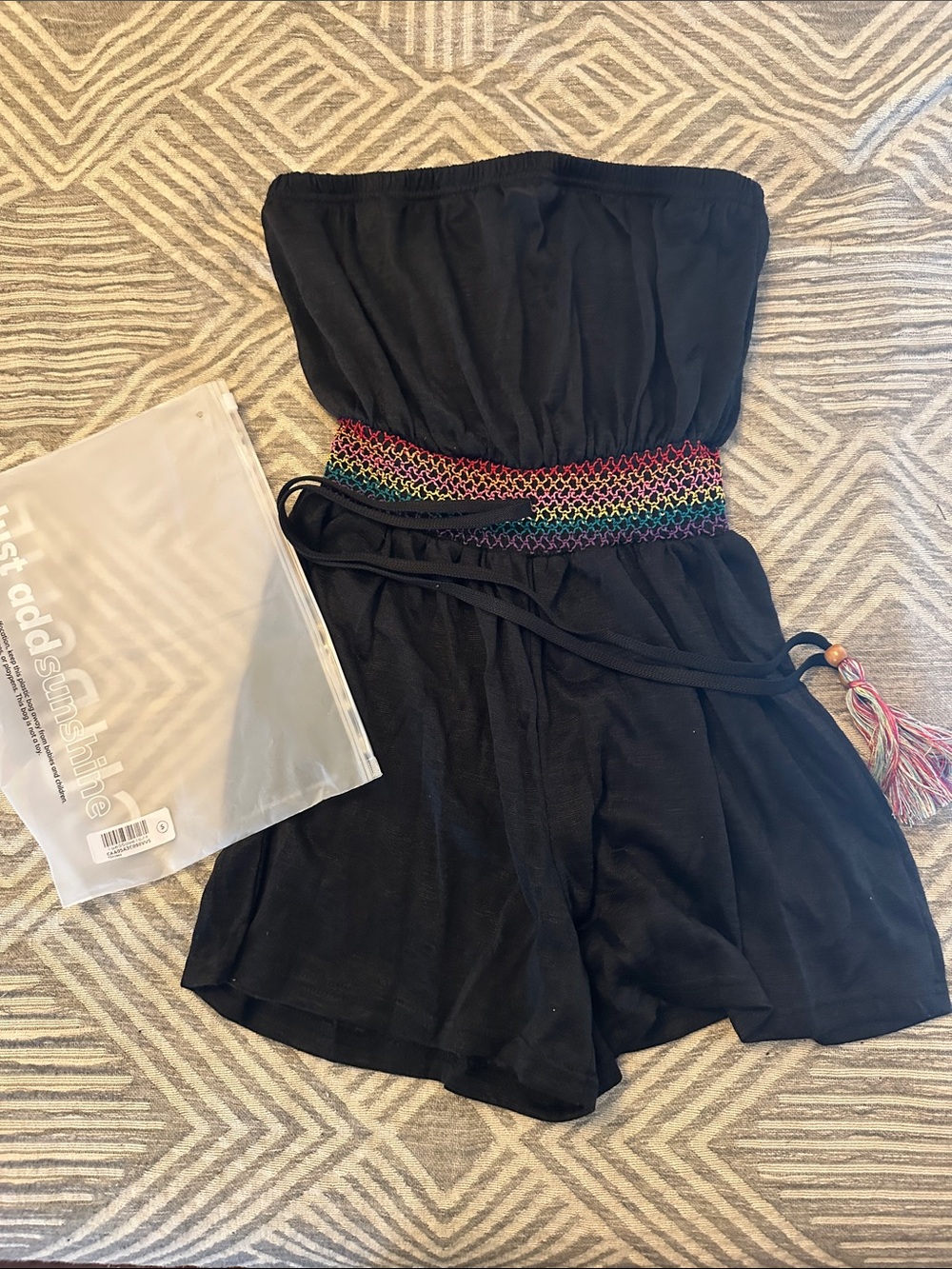 Cupshe Black Strapless Romper with Purple Smocked Accent